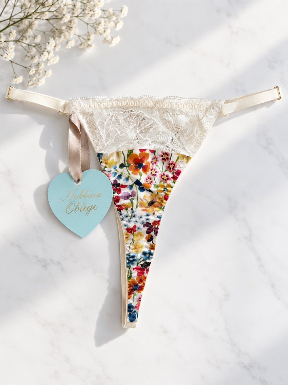 NWT Noblesse Oblige Liberty London Floral Lace Satin Thong Size Small